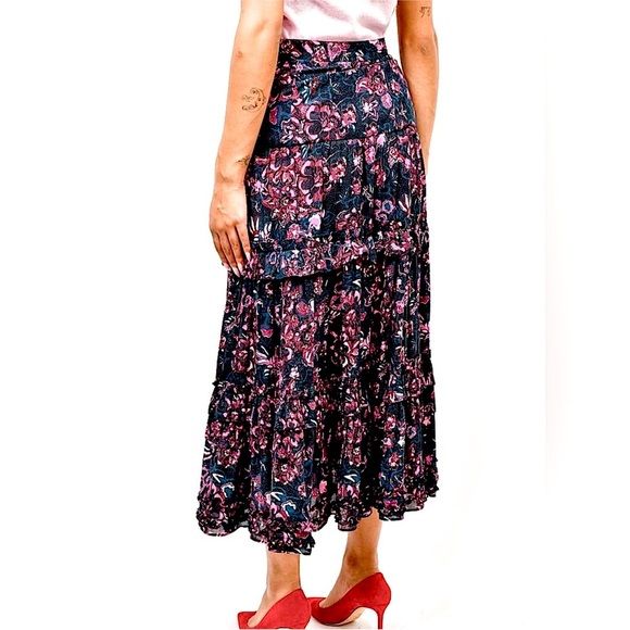 ULLA JOHNSON Amalia Midnight Floral Midi Skirt Tiered Ruffle Pink Navy Size 2‎ - Picture 4 of 17